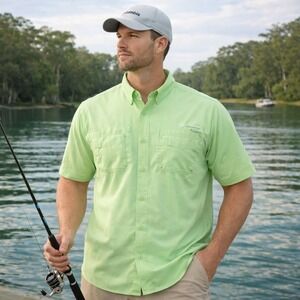 Columbia PFG Tamiami Shirt Mens LT Green Omni Wick UPF 40 Short Sleeve Fishing